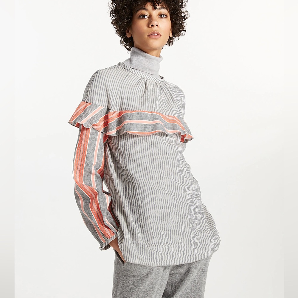 Lemlem Long Sleeve Ruffle Striped Cotton Blouse Boho In Gray Orange Size S